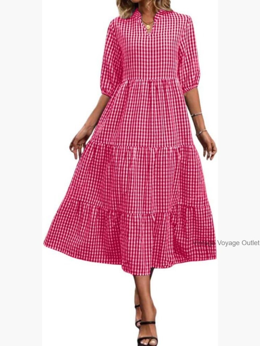 Vintage Plaid Ruffle Midi Dress Puff Lantern Sleeve Notch Neck Tiered